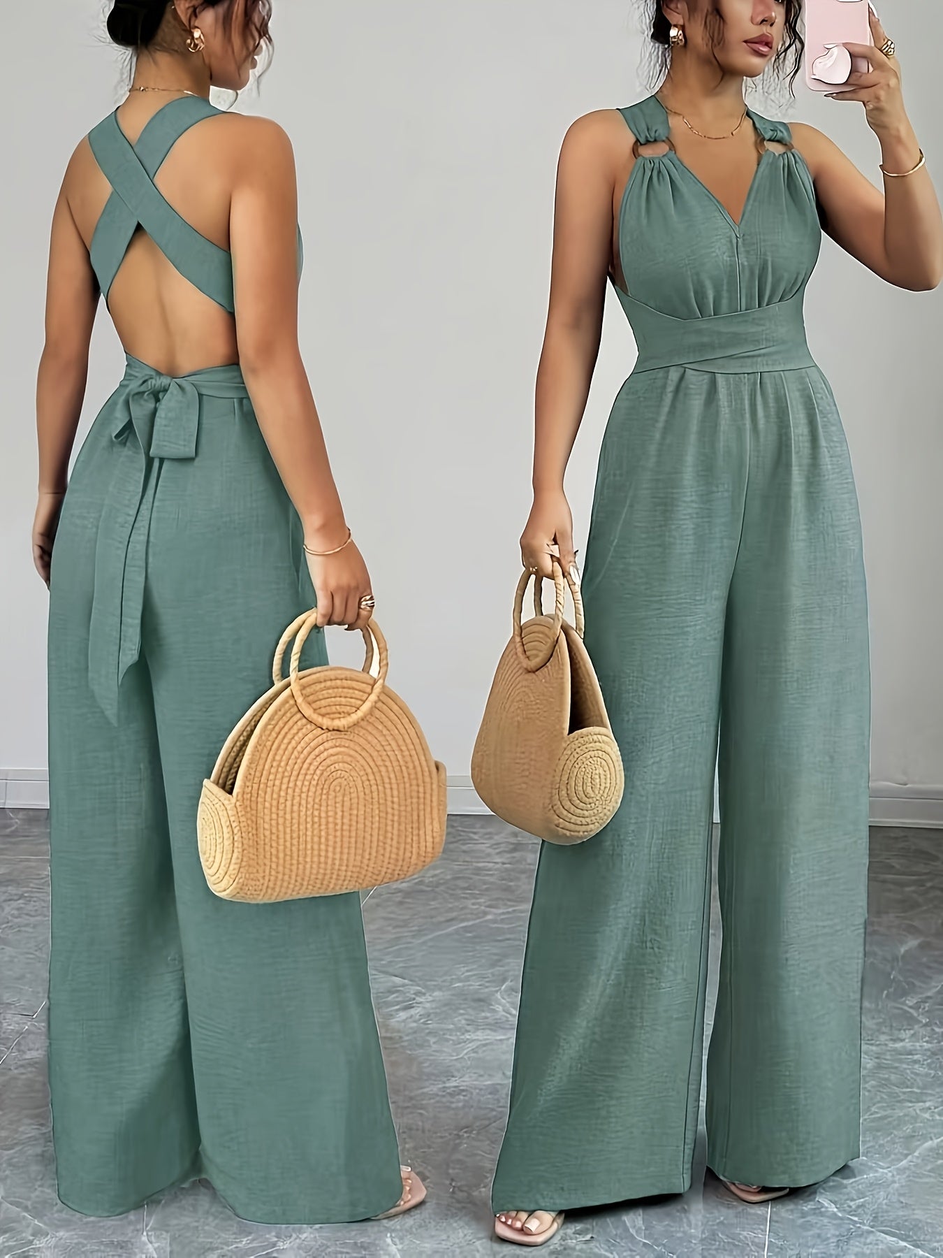 Elegant Women's V-Neck Jumpsuit with Belted Waist