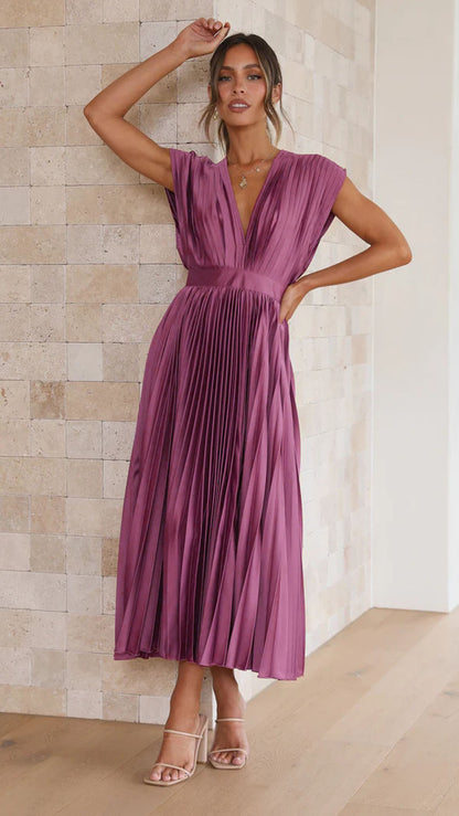 Summer V-neck Pleated Dress INS Fashion Casual Loose Zip Sleeveless Dresses For Women Clothing