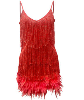 Sexy Tassel Sequins Feather Summer Mini Dress Women V Neck Spaghetti Strap Stitching Dresses Female Elegant Evening Party Club Dress
