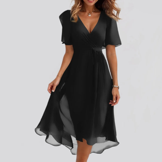Chiffon Printed Short Sleeve Dress Summer Elegant V-neck Dresses Womens Clothing