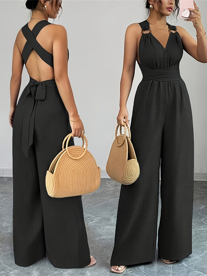 Elegant Women's V-Neck Jumpsuit with Belted Waist